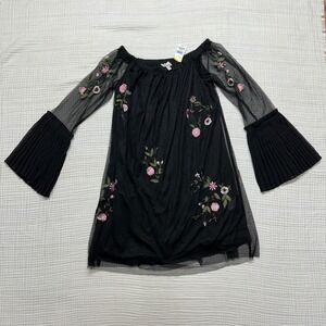 VTG Y2K Bongo black mesh embroidered overlay dress pleated bell sleeves BOHO NWT